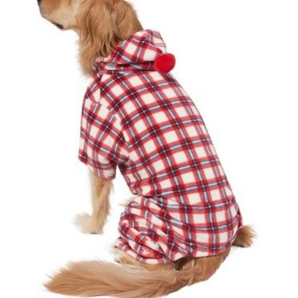 Soft Fuzzy Plaid Onesie Puppy Dog Wag-a-tude Red White Pom Pom Hood 15" Long
